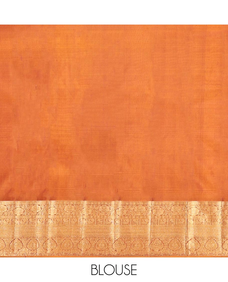 Orange Kanchipuram Wedding Silk Saree, Finely Crafted with Jacquard Designs on Its Body, Highlighted by a Zari Border of Thilakam, Kodi Visiry, Mayil, Yaanai, Jaal, and Lavangam Designs, Grand Ogee Patterned Pallu, and Paired with a Matching Blouse
