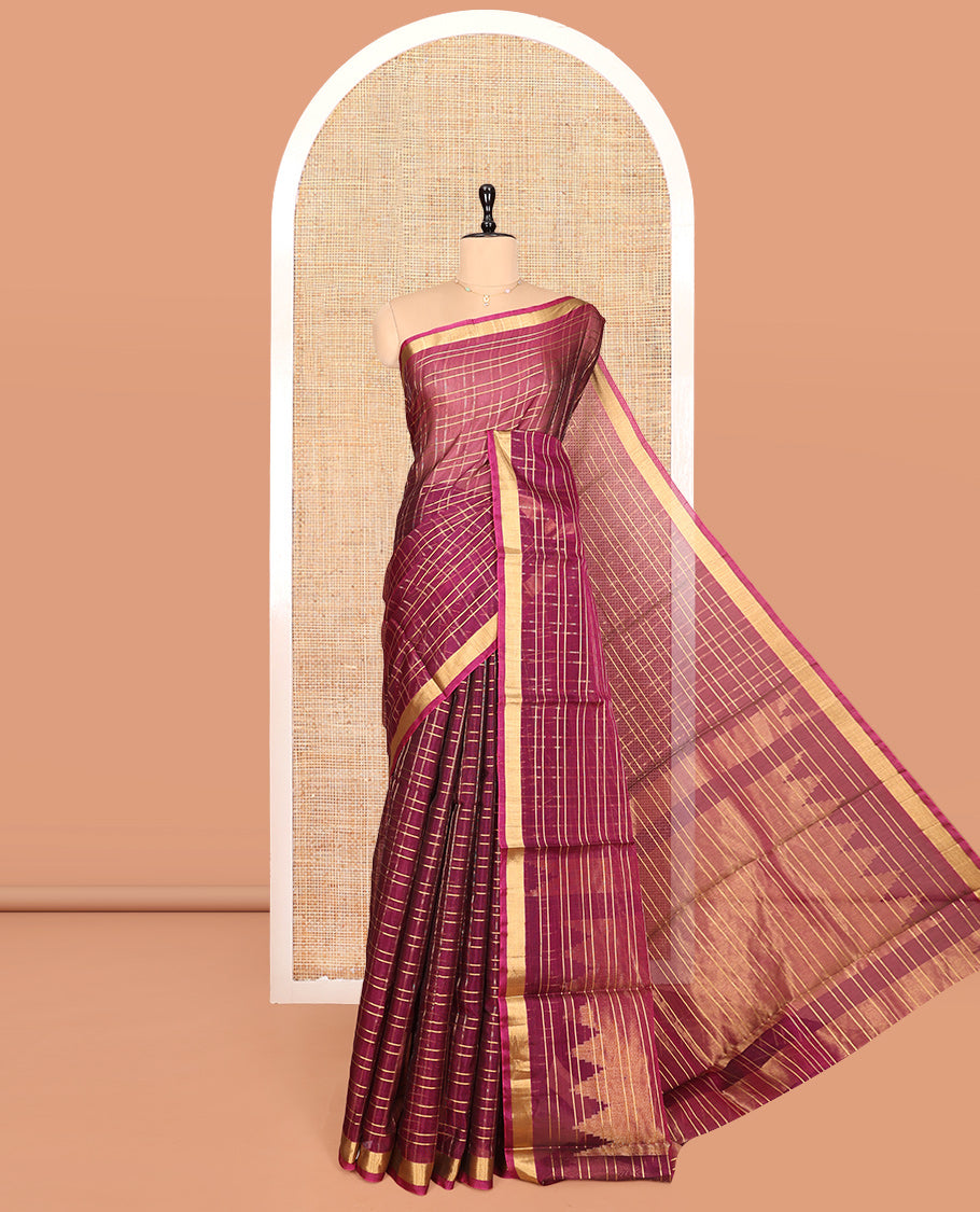 Magenta Silk Cotton Saree, Elegantly Framed with Checks, a Zari Border, Pallu of Temple Designs, and a Matching Blouse