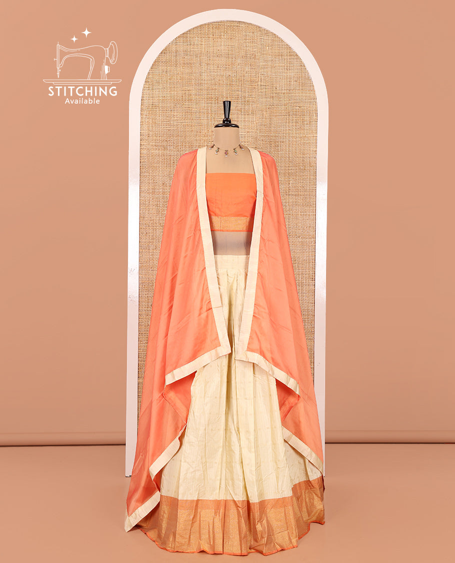 Cream-Orange Taffeta Silk Half-Saree Featuring Buttas Skirt, Contrast Border, Contrast Blouse, Contrast Plain Dhavani