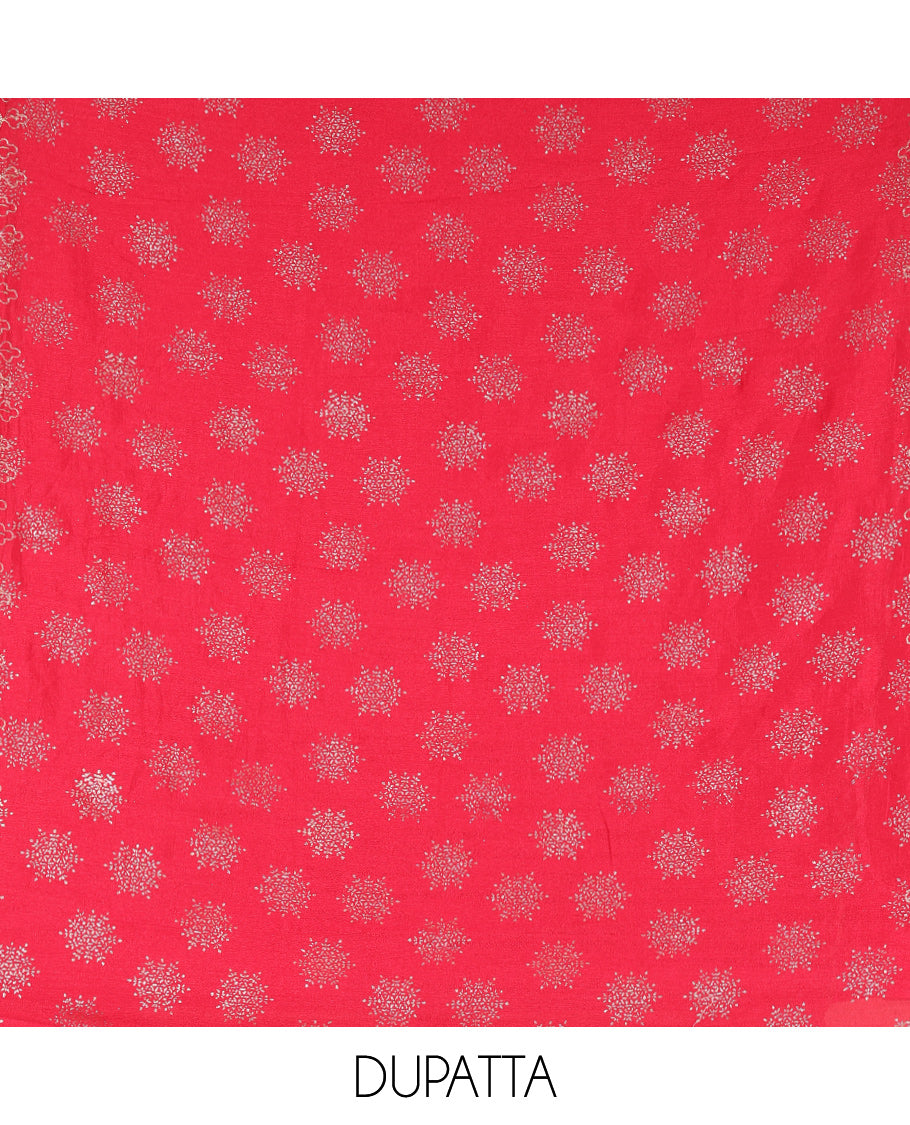 Magenta Semi-Silk Material Churidar Set, Floral Embroidered Top, a Matching Bottom, and a Scallop Foil Printed Dupatta
