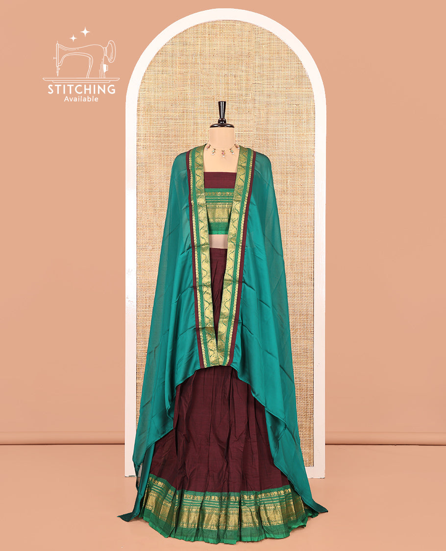 Dark Maroon-Green Chettinad Cotton Half-Saree Set Featuring a Plain Skirt, Contrast Traditional Border, Matching Blouse, and Contrast Syska Georgette Dhavani