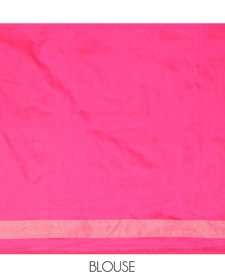 Sandal Ikkat Silk Saree, Beautifully Bedecked with Ikkat Temple Buttas All Over Its Body, Complemented by a Contrast Border of Jaal Designs, Pallu Steeped with Ikkat Buttas, and Paired with a Contrast Blouse