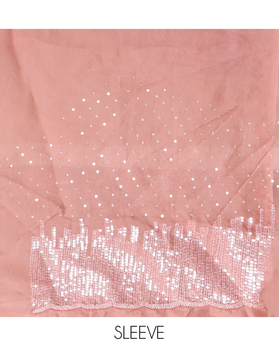 Peach Turkey Organza Saree Features Geometric Glitterwork, Scallop Beadwork Border, Embroidered Blouse