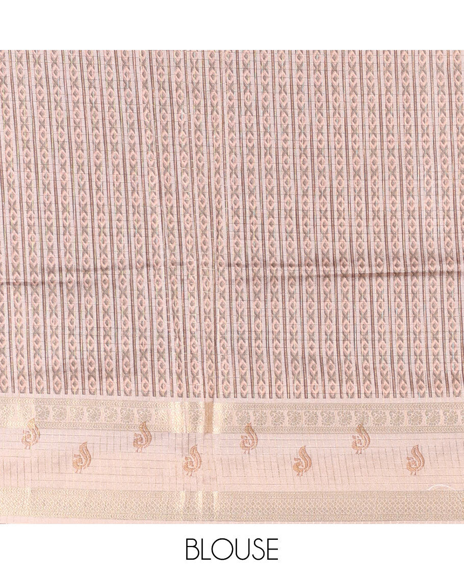 Violet gold zari checked katan silk saree with contrast traditional zari border of peacock print, peacock printed pallu, and contrast printed blouse