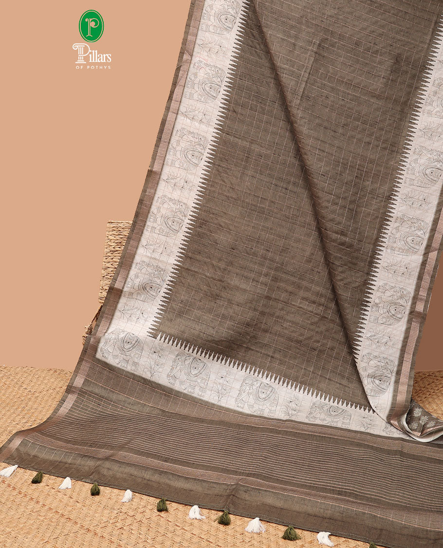 Olive green all-over copper zari checks design semi tussar saree with floral, elepgant design, copper zari jacqaurd border & linnnin chip pallu along with self ajrackprinted checks blouse