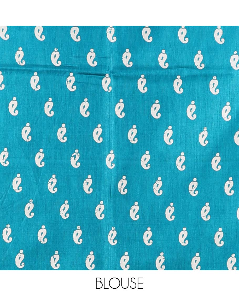 Sapphire green pathik print dola soft silk saree with smally carry design print blouse