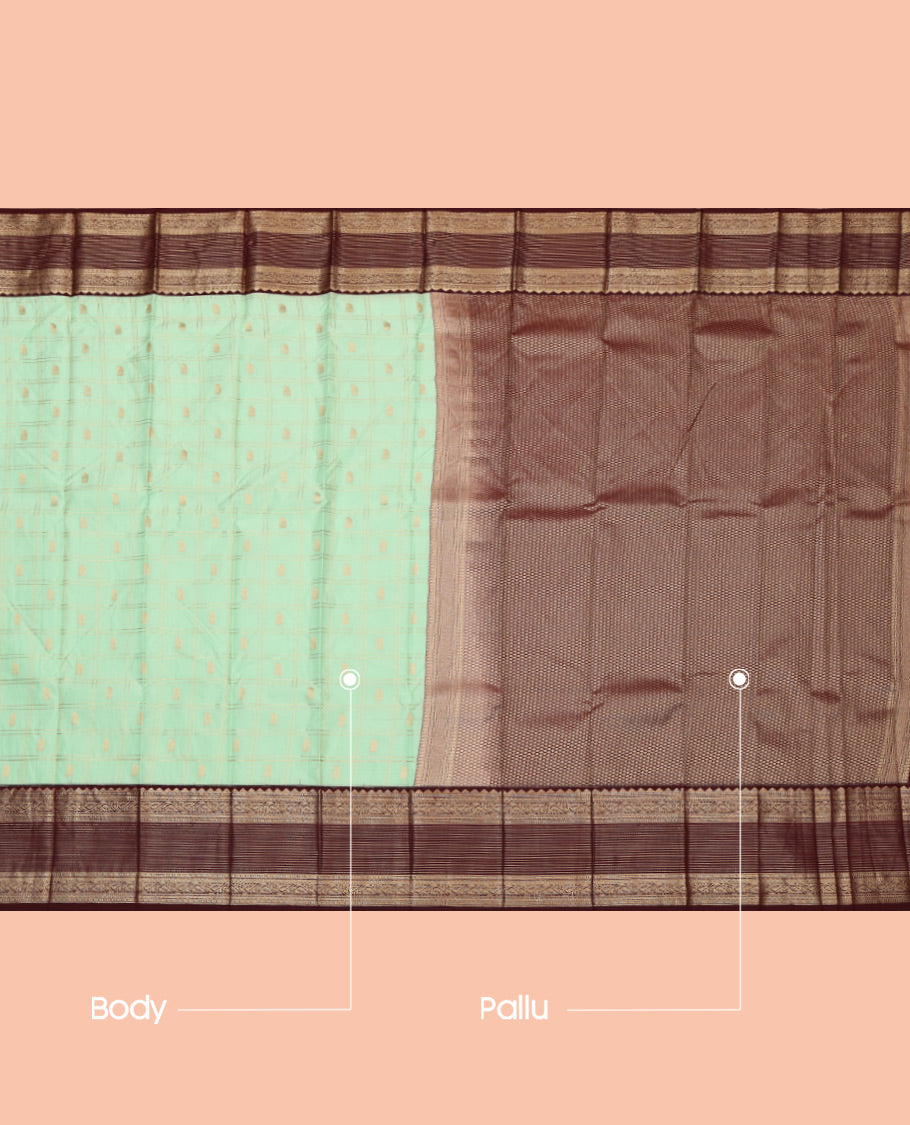 Pista Green Budget Silk Saree, Adorned with Butta Enclosed Checks, Complemented by a Contrast Traditional Zari Border, Grand Pallu, and a Contrast Blouse