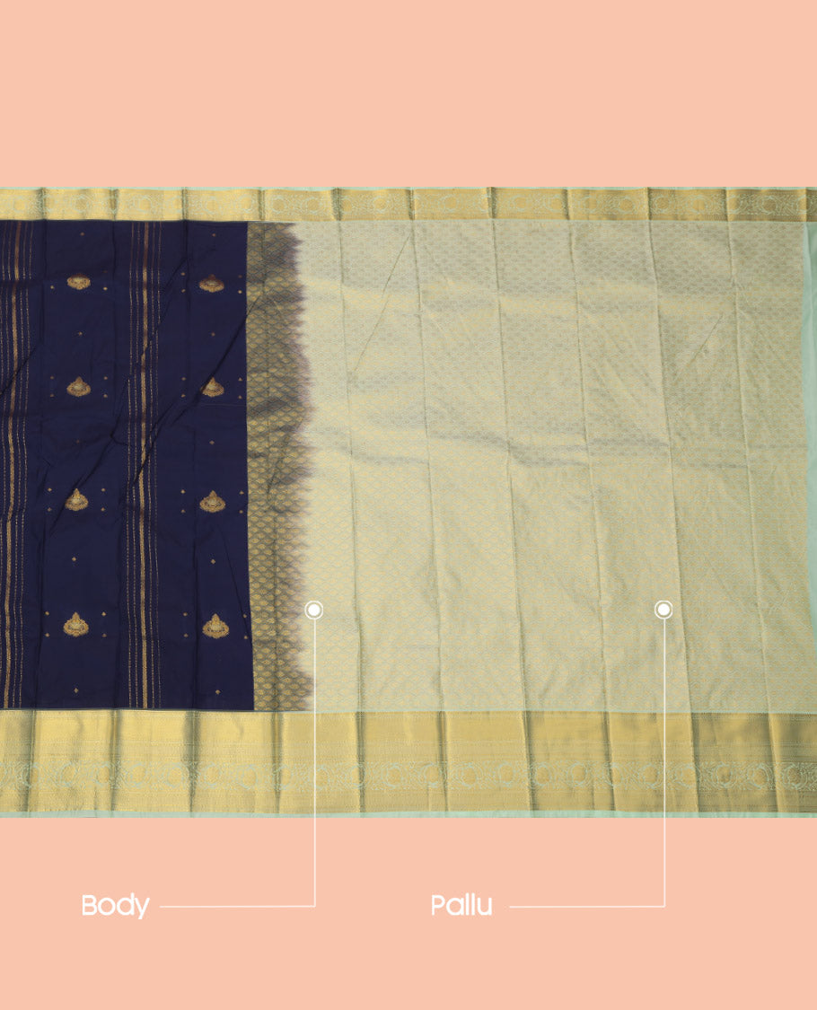 Navy Blue Budget Silk Saree, Accentuated with Zari Buttas and Stripes, Complemented by a Contrast Traditional Zari Border, Grand Jaal Pallu, and Contrast Blouse