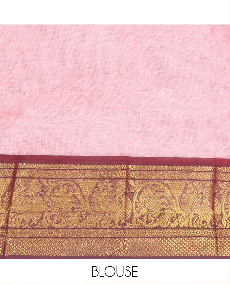 Pink Plain Chettinad Cotton Saree, Complemented by a Contrast Traditional Zari Border of Floral Creeper Design, Subtly Striped Pallu, and Paired with a Matching Blouse