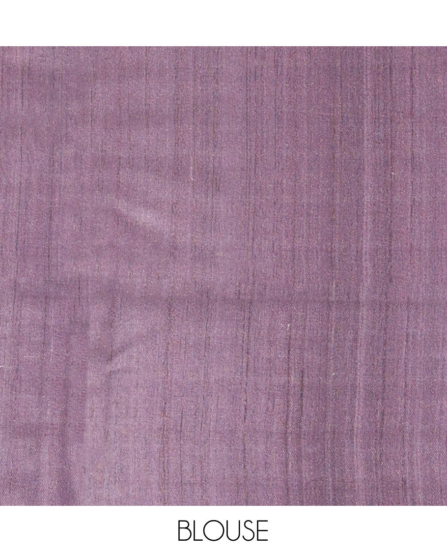 Grey Tussar Silk Saree, Impeccably Styled with Ikat-Style Flora, Fauna, and Human Figurines, a Subtle Self-Border, Self-Printed Pallu, and a Matching Blouse