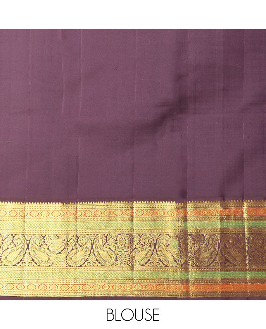 Pink buttas kancheepuram silk saree with contrast korvai border of rekku, banaras, poo chakram, manga design & floral zari design pallu