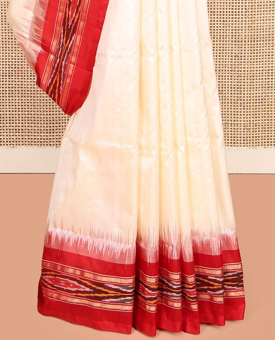 Cream Plain Pochampally Ikat Silk Saree, Complemented by a Contrast Ikat Textured Border, Ikat Pallu, and No Blouse