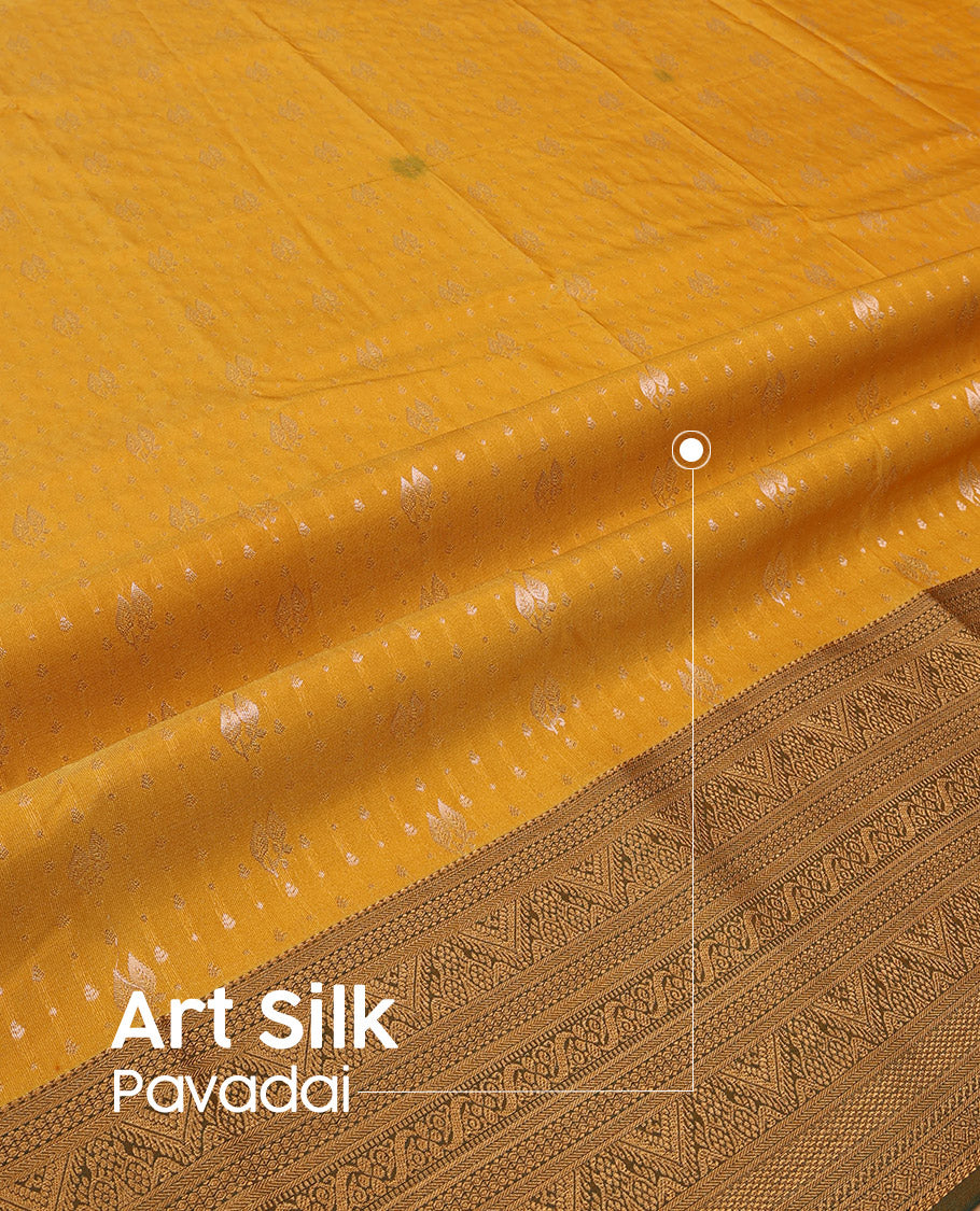 Yellow Art Silk Pavadai Material Set, Elegantly Designed Zari Designs All Over the Skirt, Complemented by a Contrast Traditional Zari Design Border, and Paired with a Contrast Blouse