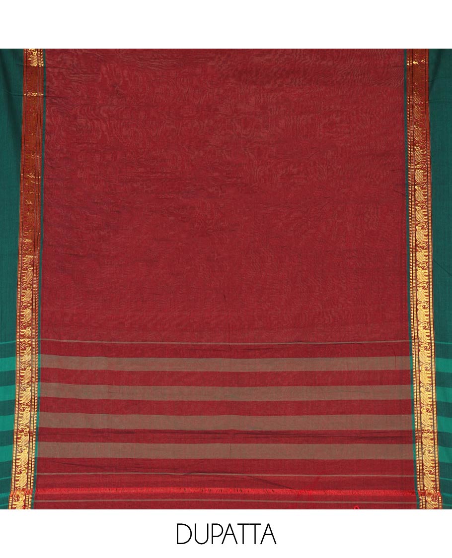 Maroon Plain Mercerised Cotton Material Churidar Set, Complemented by Contrast Elephant Motifs Woven Zari Border, Comes with a Plain Mercerised Cotton Bottom, and Is Paired with a Matching Mercerised Cotton Dupatta Mirroring the Same Design
