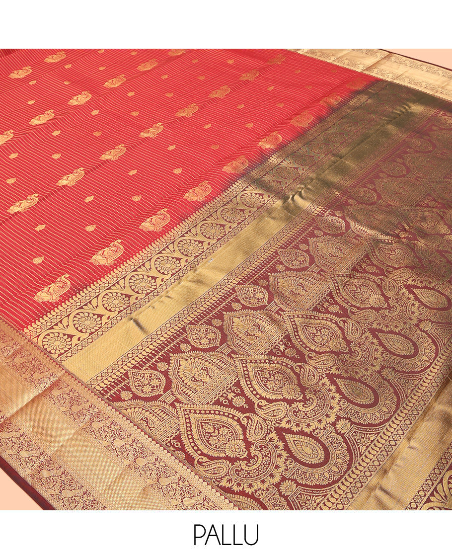 Red Vasundhara Lite Silk Mix Saree, Elevated with Zari Buttas and Muthu Stripes, a Contrast Border of Thilakam Mokku, Ara Maadam, Mayil, and Mayil Kann, Intricate Pallu, and a Contrast Blouse