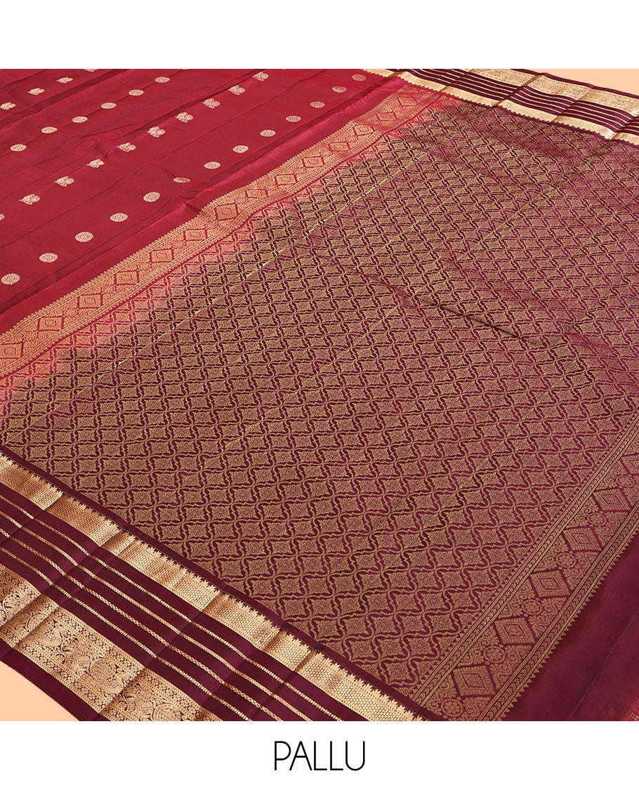 Red Vasundhara Lite Silk Mix Saree, Prettified with Mayil-Chakram Buttas, a Contrast Border of Rekku, Muthu, and Mayil Designs, Grand Pallu, and a Contrast Blouse