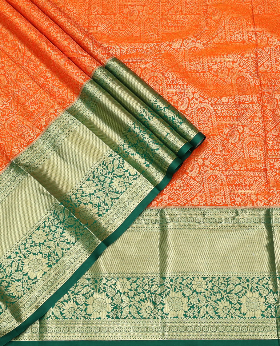 Orange Art Silk Material Half Saree Set, Bedecked with Jacquard Skirt, a Contrast Traditional Zari Border, Contrast Blouse, and an Intricate Dhavani