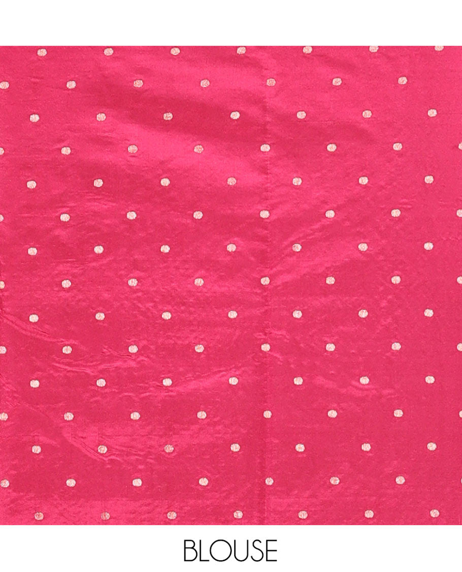 Pink Semi-Banarasi Dupion Saree, Embellished with Zari Buttas and Checks, a Contrast Traditional Zari Design Border, Striped Pallu, and a Contrast Blouse