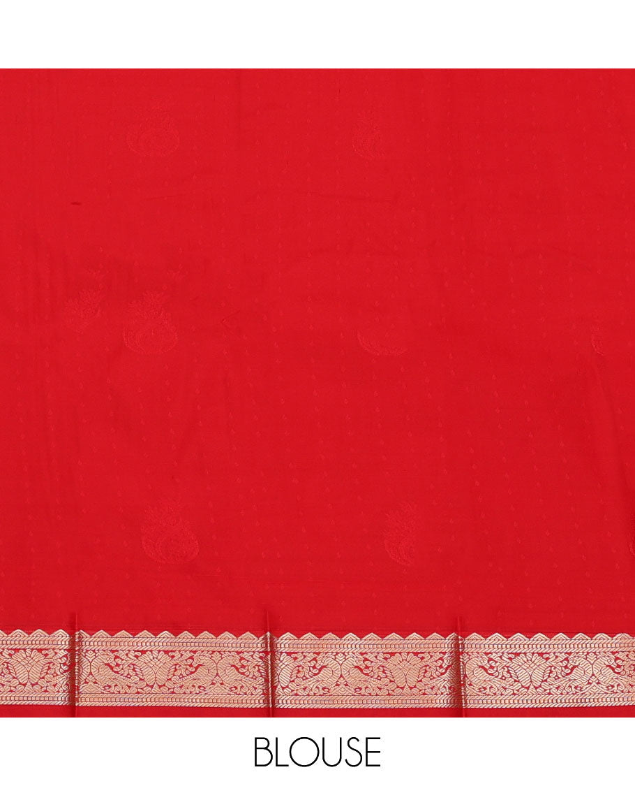 Turquoise Budget Silk Saree, Woven with Zari Buttas, Complemented by a Contrast Traditional Zari Peacock Border, Geometric-Patterned Pallu, and a Contrast Blouse