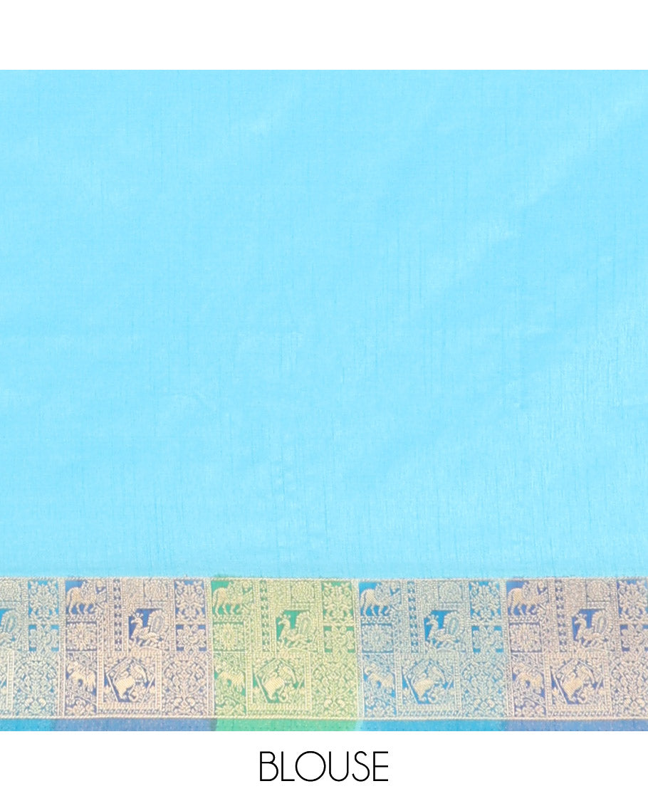 Sky Blue Zari Motifs Fancy Raw Silksaree, Contrast Intricate Zari Border, Matching Blouse