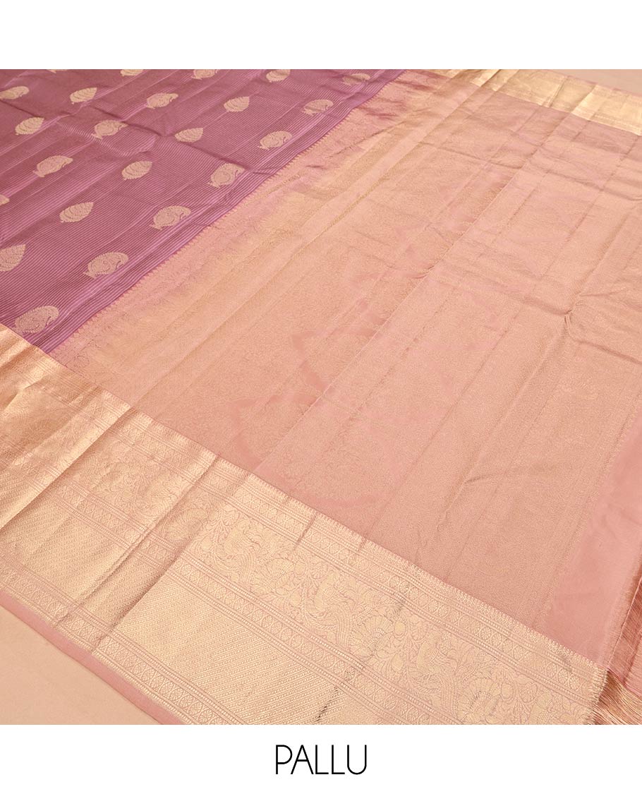 Rosewood Pink Vasundhara Silk Saree, Crafted with Zari Buttas and Stripes, a Contrast Border of Thilakam Mokku, Cross Kamalam, and Mayil Designs, Grand Pallu, and Contrast Blouse