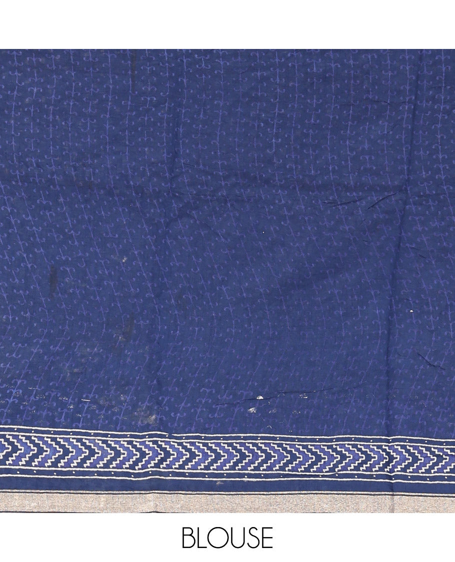 Blue Mul Mul Cotton Saree, Steeped with Triangle Buttas, a Piping Border, Geometric-Printed Pallu, and a Matching Blouse