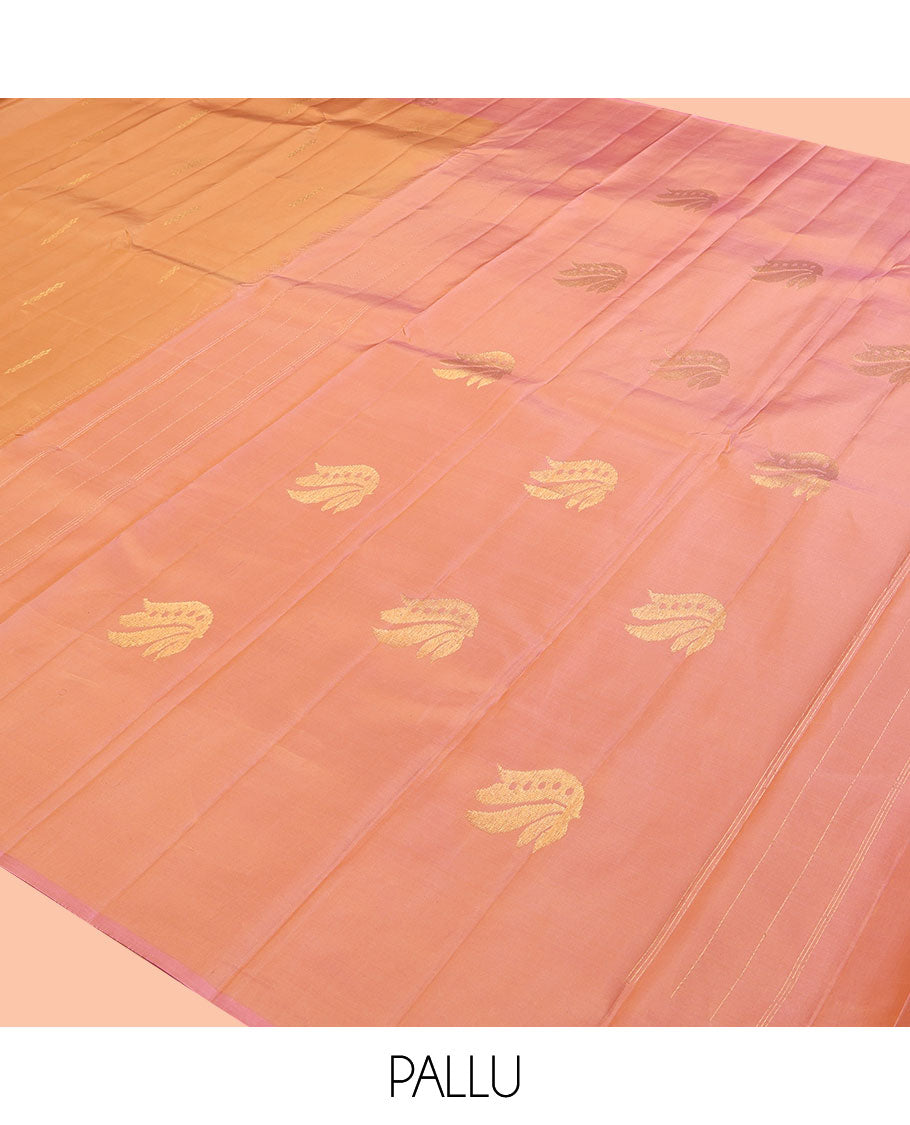 Orange Kanchipuram Silk Saree, Woven with Zari Buttas, Complemented by Semi Contrast Manga Motif Border, Pallu of Zari Design, and a Contrast Blouse