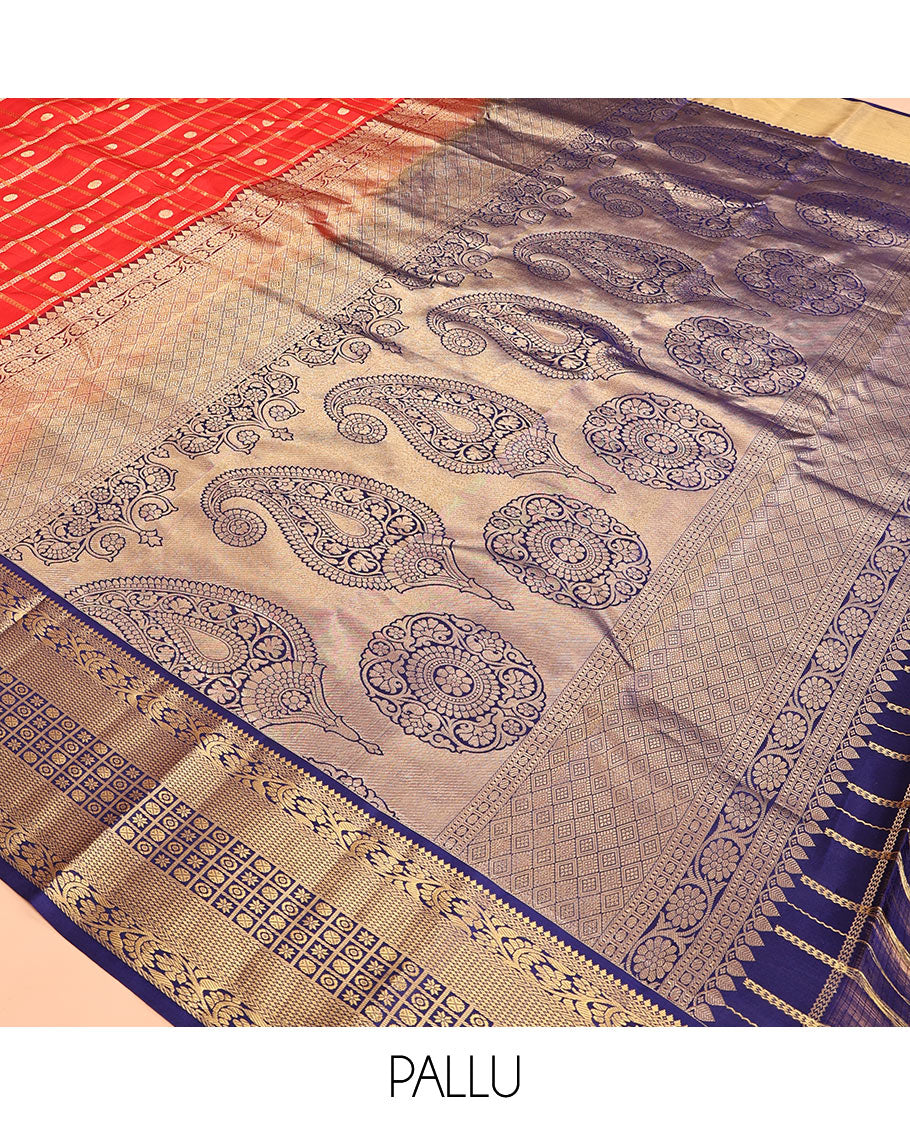 Orange Vasundhara Silk Saree, Enthralled with Zari Butta Enclosed Checks, a Contrast Traditional Zari Border, Grand Jaal Pallu, and a Contrast Blouse