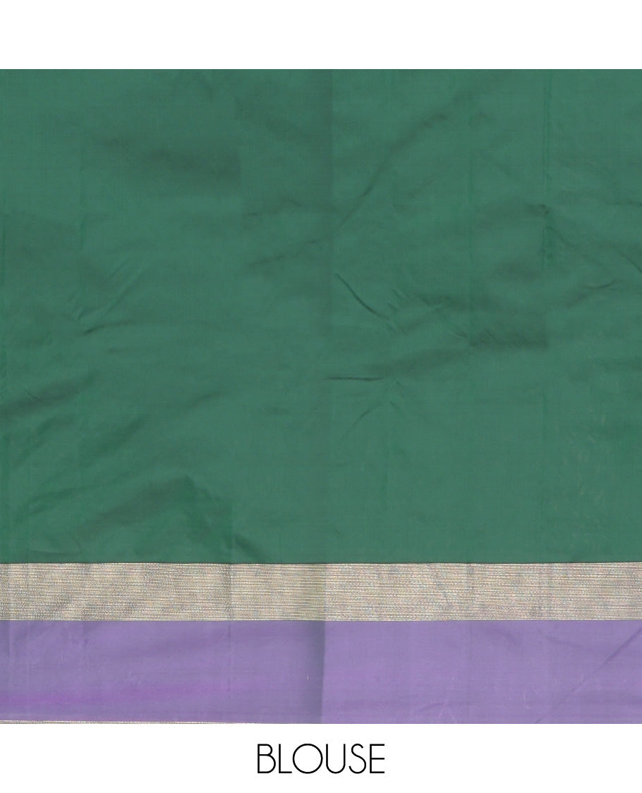 Green Aarani Silk Saree, Adorned with Zari Buttas All Over Its Body, Complemented by a Contrast Border of Peacock and Temple Border, Pallu of Zari Designs, and Paired with a Matching Blouse