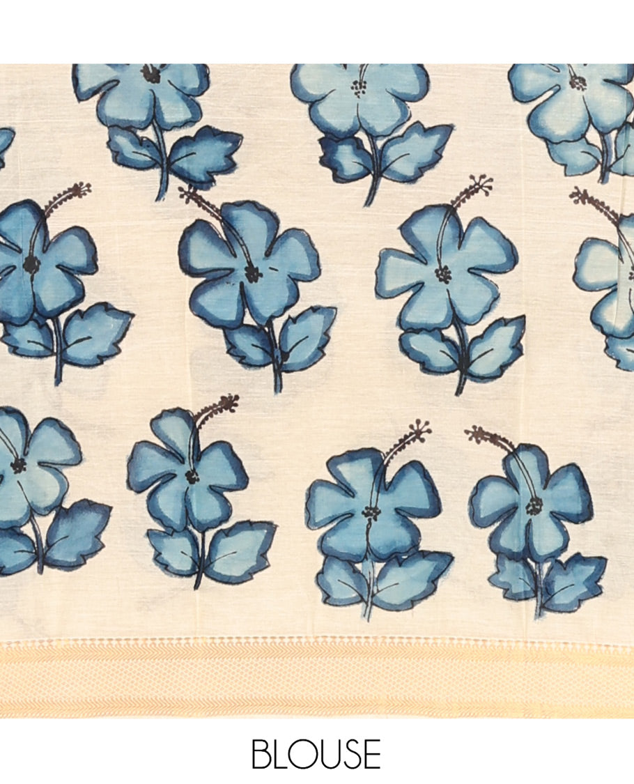 Cream Kalamkari Silk Saree, Crafted with Flora-Fauna Motifs, a Traditional Zari Border, Peacock Kalamkari Pallu, and a Matching Blouse