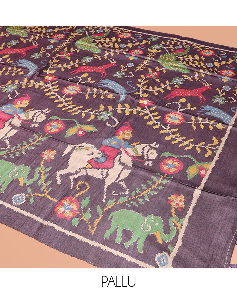 Grey Tussar Silk Saree, Impeccably Styled with Ikat-Style Flora, Fauna, and Human Figurines, a Subtle Self-Border, Self-Printed Pallu, and a Matching Blouse