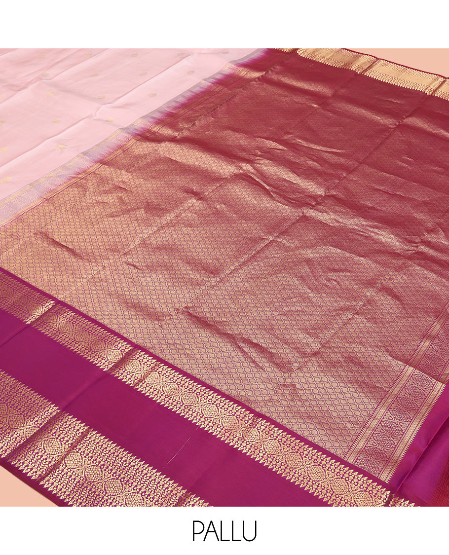 Baby Pink Vasundhara Silk Saree, Subtly Woven with Zari Buttas All Over Its Body, Complemented by Contrast Rettai Pettu Border of Laddu Kamalam Designs, Grand Jaal Pallu and Paired with a Contrast Blouse