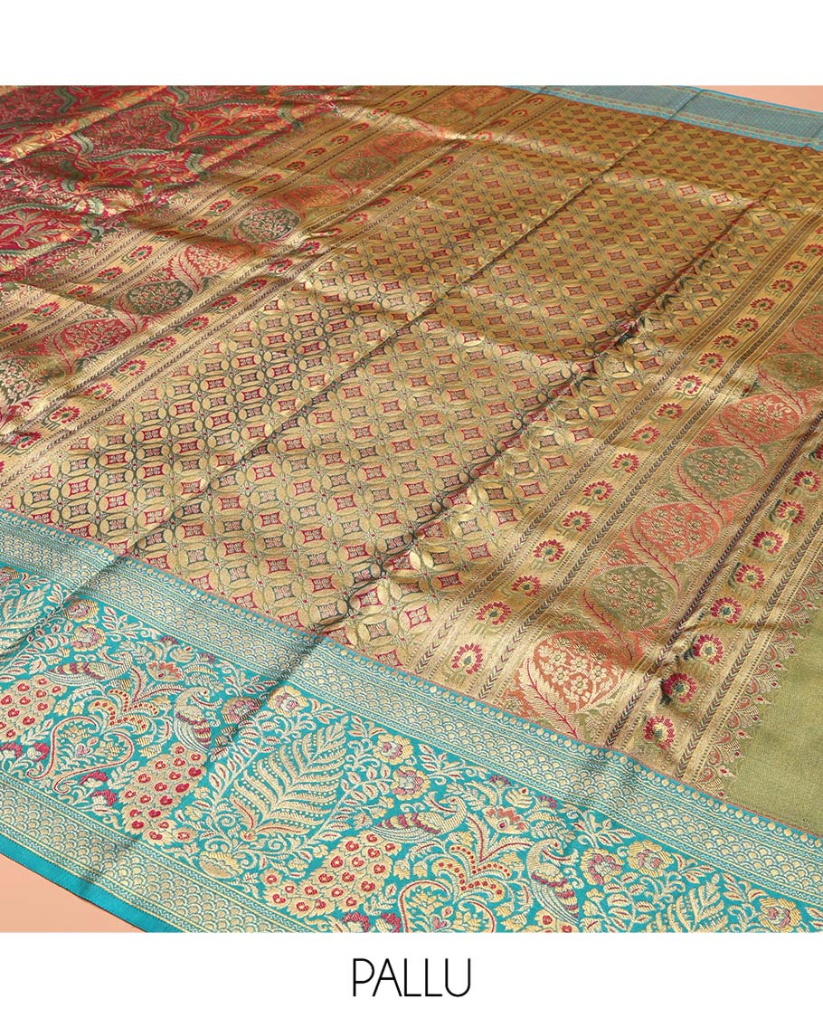 Wine Kanchipuram Tissue Silk Saree, Meticulously Crafted with Jacquard Design On Its Body, Complemented by Meenakari Border of Peacocks, Grand Jaal Pallu and Paired with a Contrast Blouse