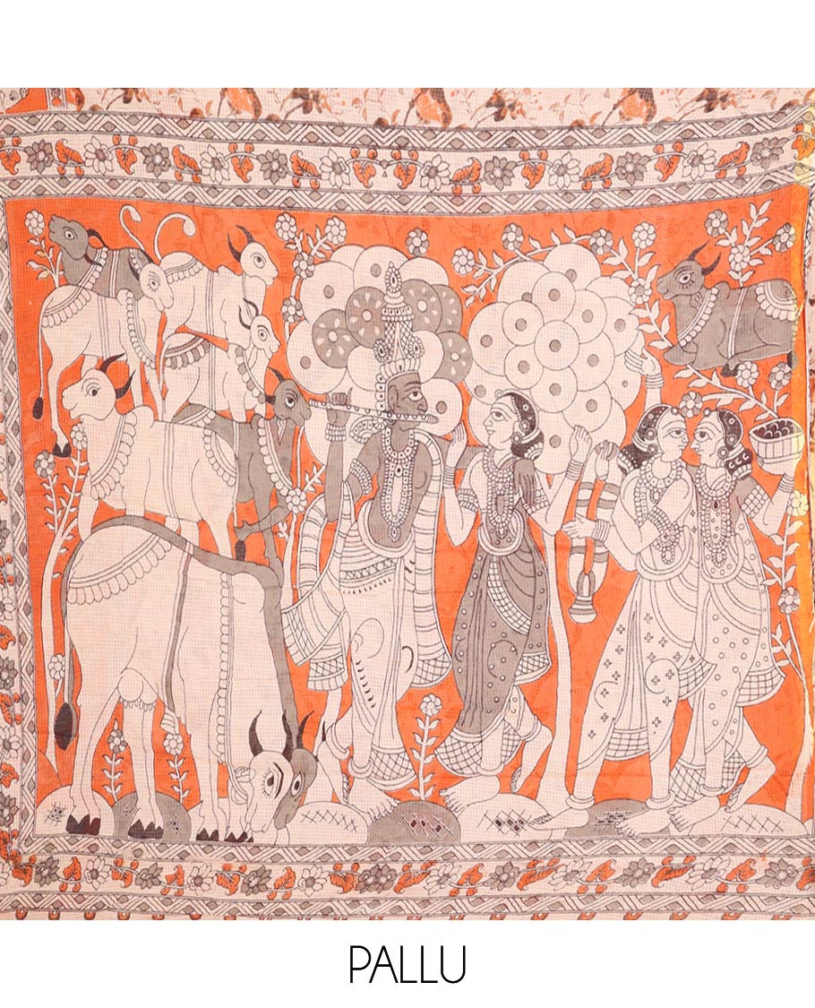 Sandal Machine-Printed Kalamkari Cotton Saree, Detailed with Bird-Floral Motifs, Contrast Human Motifs Printed Border, Pallu of Human Motifs, and a Contrast Blouse