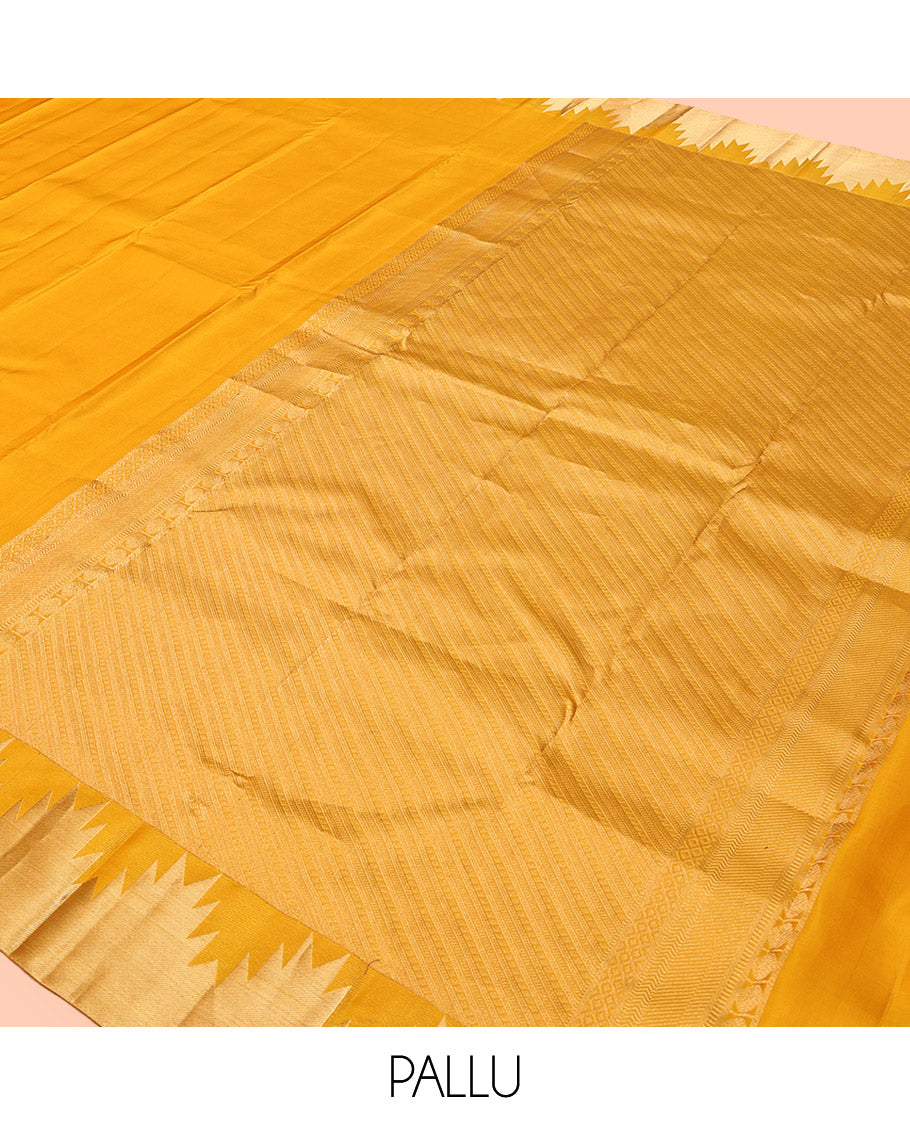 Yellow Plain Kanchipuram Silk Saree, Highlighted by a Zari Thazampoo Rekku Border, Diagonally Striped Pallu, and a Matching Blouse