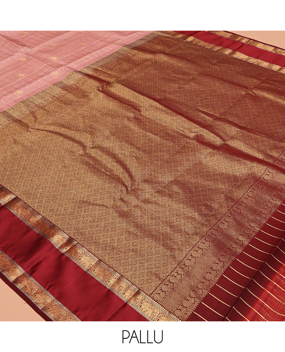 Pink Vasundhara Lite-Silk Mix Saree Featuring Zari Butta Enclosed Checks, a Contrast Border of Rekku, Yaanai, and Muthu Designs, Grand Jaal Pallu, and a Contrast Blouse