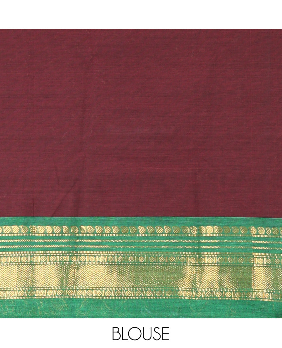 Dark Maroon-Green Chettinad Cotton Half-Saree Set Featuring a Plain Skirt, Contrast Traditional Border, Matching Blouse, and Contrast Syska Georgette Dhavani