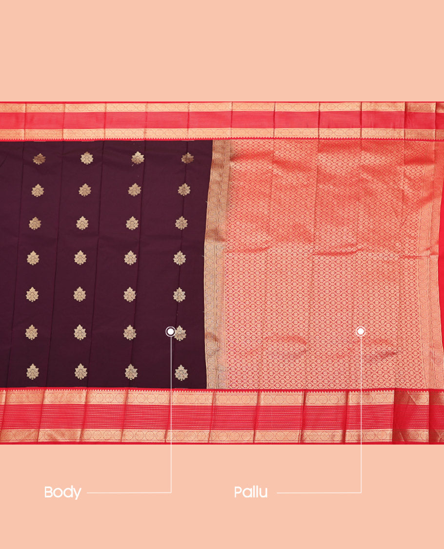 Maroon Budget Silk Saree, Woven with Zari Buttas, Complemented by a Contrast Traditional Zari Border, Jaal Pallu, and a Contrast Blouse