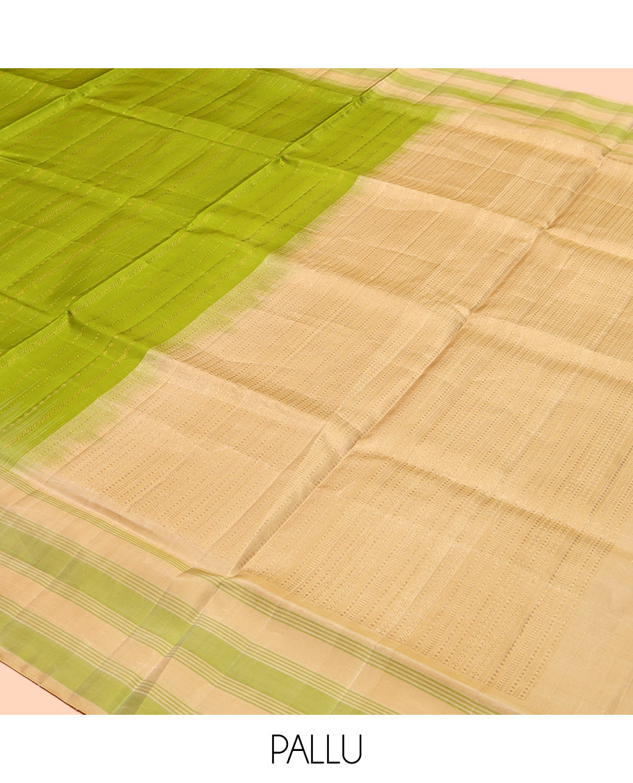 Green Mayuri Soft Silk Saree, Detailed with Zari Stripes, Complemented by a Contrast Border, Pallu of Zari Designs, and Contrast Blouse