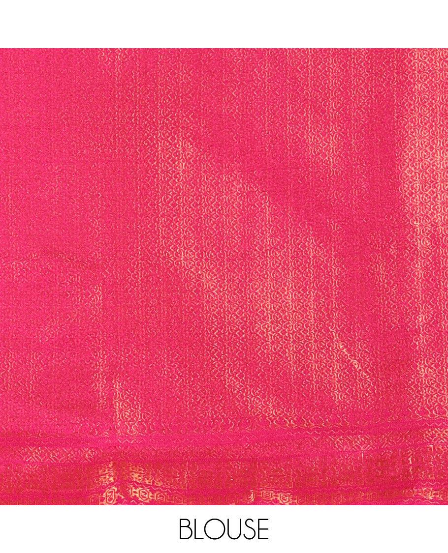 Cream and Magenta Banaras Softy Half-Saree Featuring Jacquard Design All Over the Skirt, Elevated with a Contrast Geometric Zari Design Border, Paired with a Jacquard Blouse, and a Banaras Softy Dhavani with Floral Jaal Jacquard Design