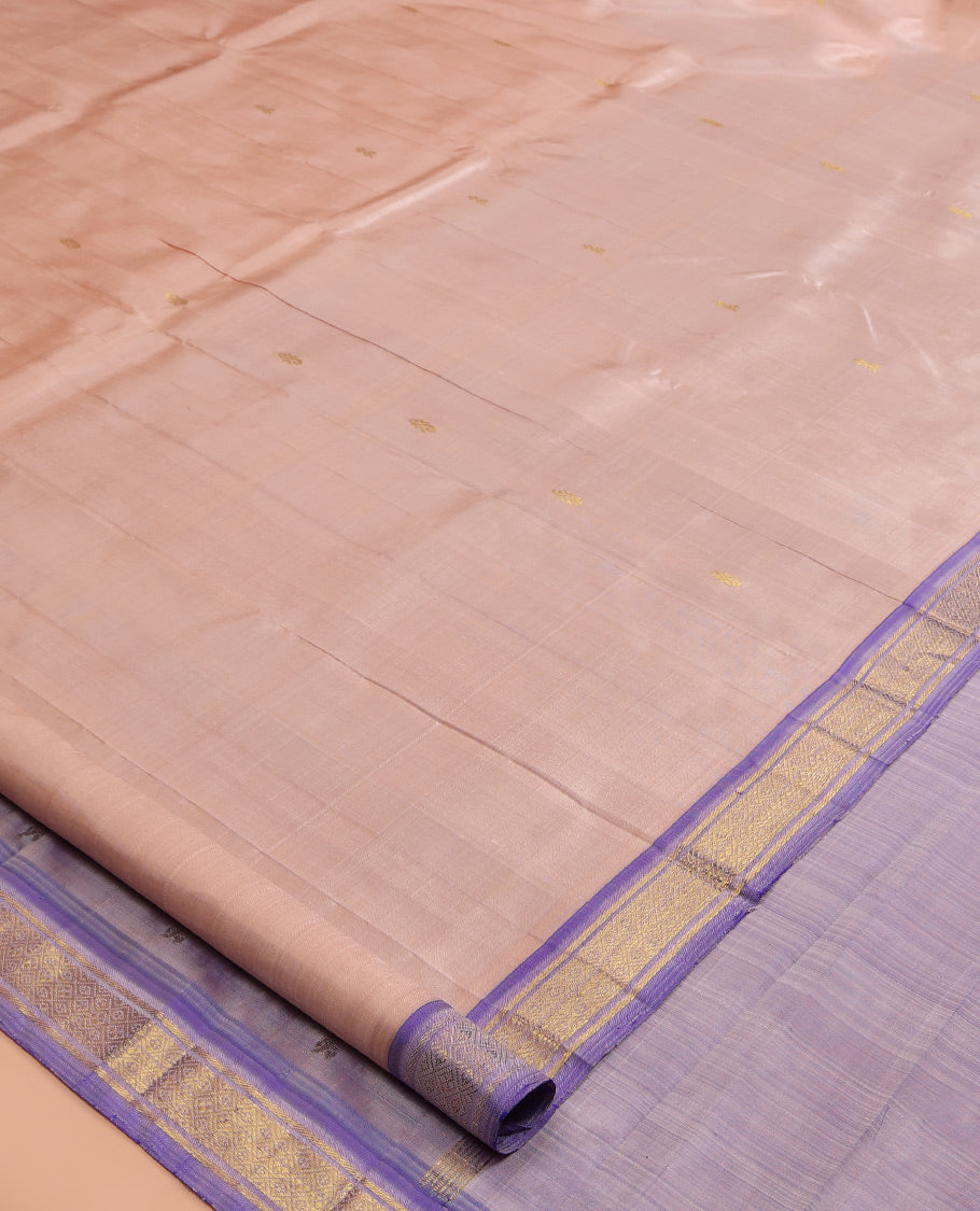 Pale Pink Kanchipuram Silk Saree, Adorned with Zari Buttas, a Contrast One-sided Jaal Design Border, Zari Woven Pallu, and No Blouse