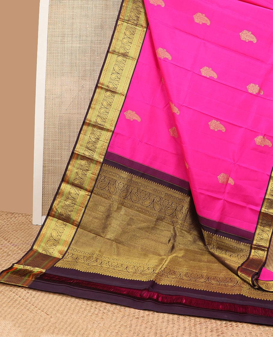 Pink buttas kancheepuram silk saree with contrast korvai border of rekku, banaras, poo chakram, manga design & floral zari design pallu