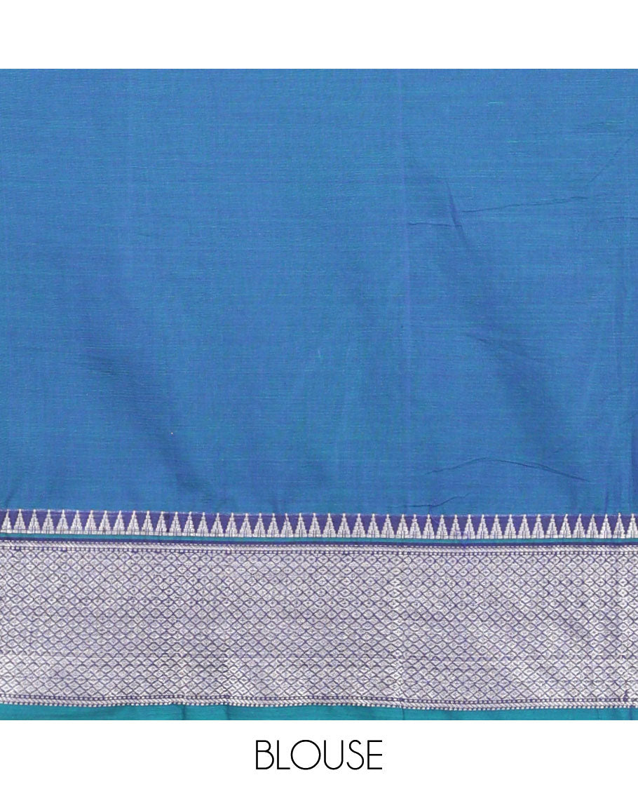 Blue cotton half saree with self zari design border, zari design blouse & plain, temple, checked design border dhavani