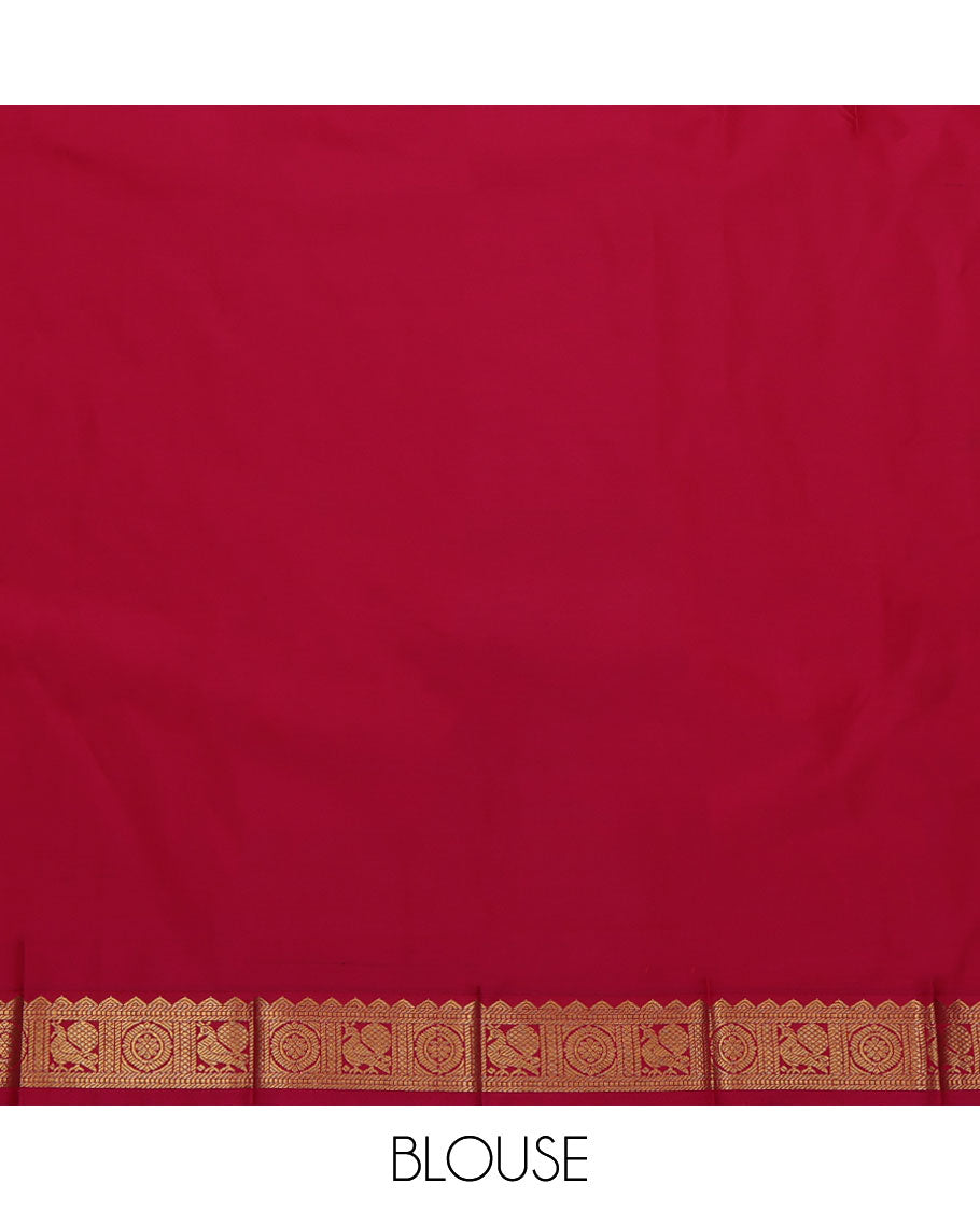 Orange Budget Silk Saree, Gleamed Up with Buttas All Over Its Body, Complemented by a Contrast Traditional Zari Border of Peacock and Chakram Designs, Jaal Pallu, and Paired with a Contrast Blouse