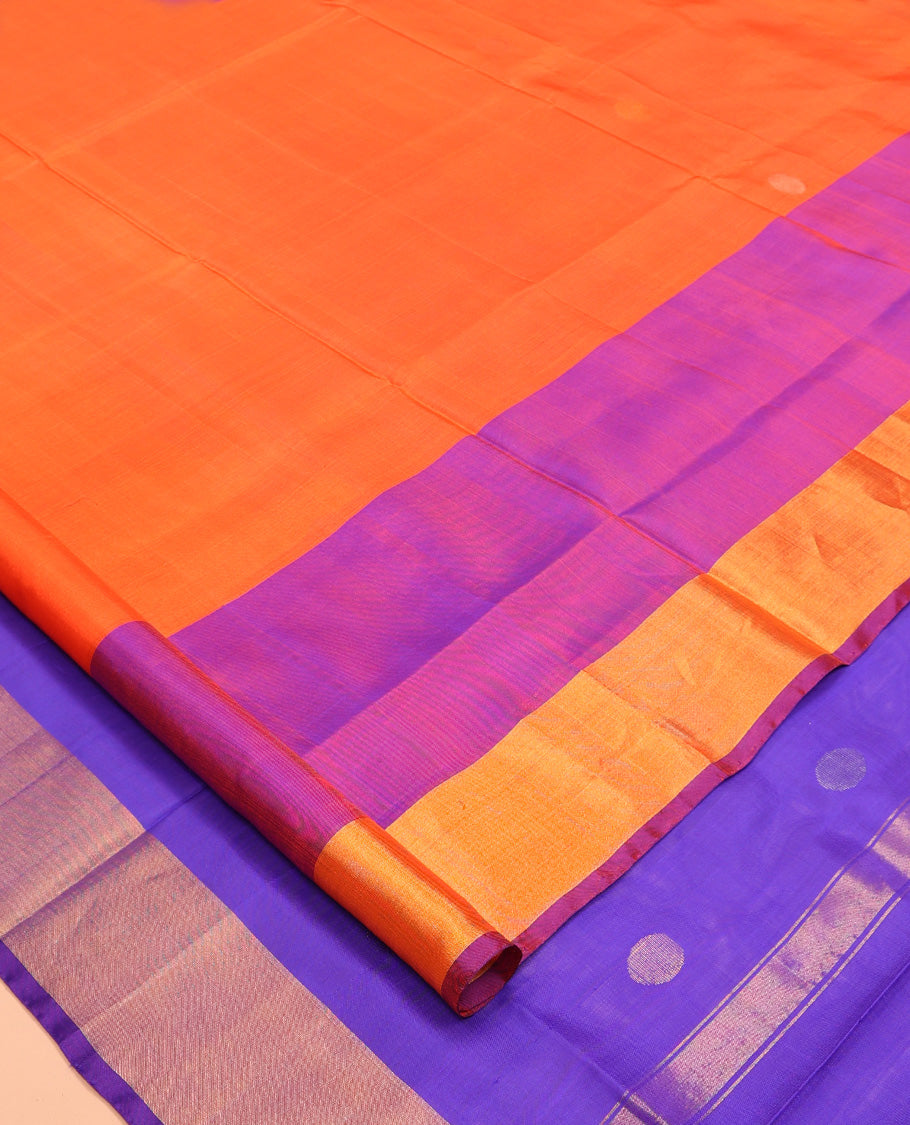 Orange Uppada Silk Saree, Accentuated with Polka Dot Buttas, Complemented by Contrast Bavanji Border, Pallu of Polka Dot Buttas and a Contrast Blouse