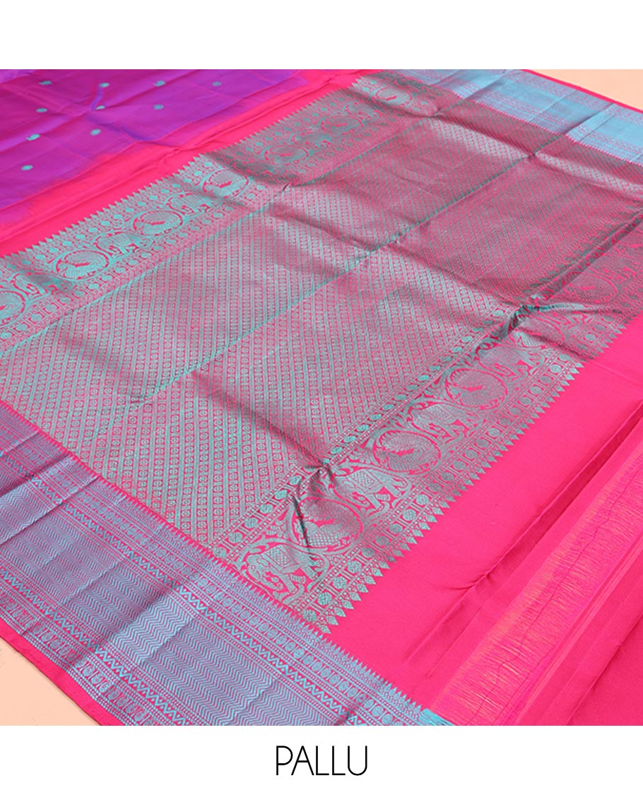 Purple Kanchipuram Designer Silk Saree, Delicately Woven with Mayil and Chakram Thread Buttas, Highlighted by Contrast Border of Thilakam, Banaras, Muthu, Rudraksham, Neli, and Vanki Designs, Delicately Woven Pallu, and Paired with a Contrast Blouse