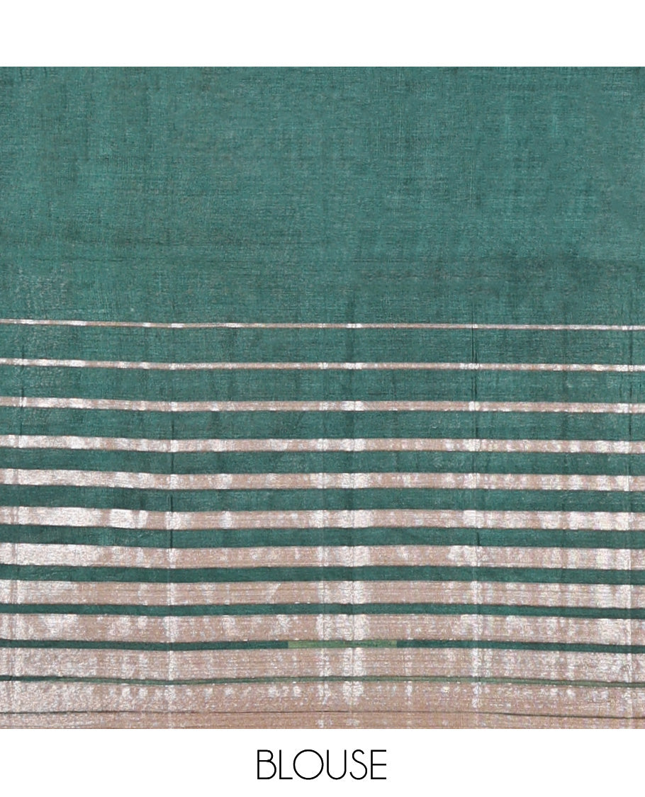 Borderless Green Tussar Silk Saree, Impeccably Styled with Zari Stripes and Floral Buttas, Striped Pallu, and a Matching Blouse