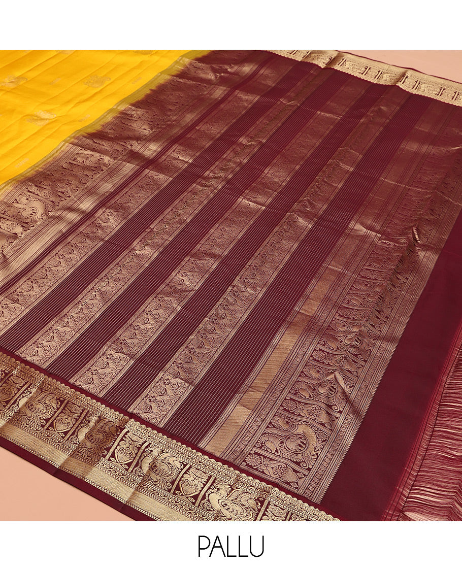 Yellow Vasundhara Silk Saree, Woven with Zari Buttas, Contrast Border of Muthu, Mayil, and Yaanai Designs, Grand Pallu, and Contrast Blouse