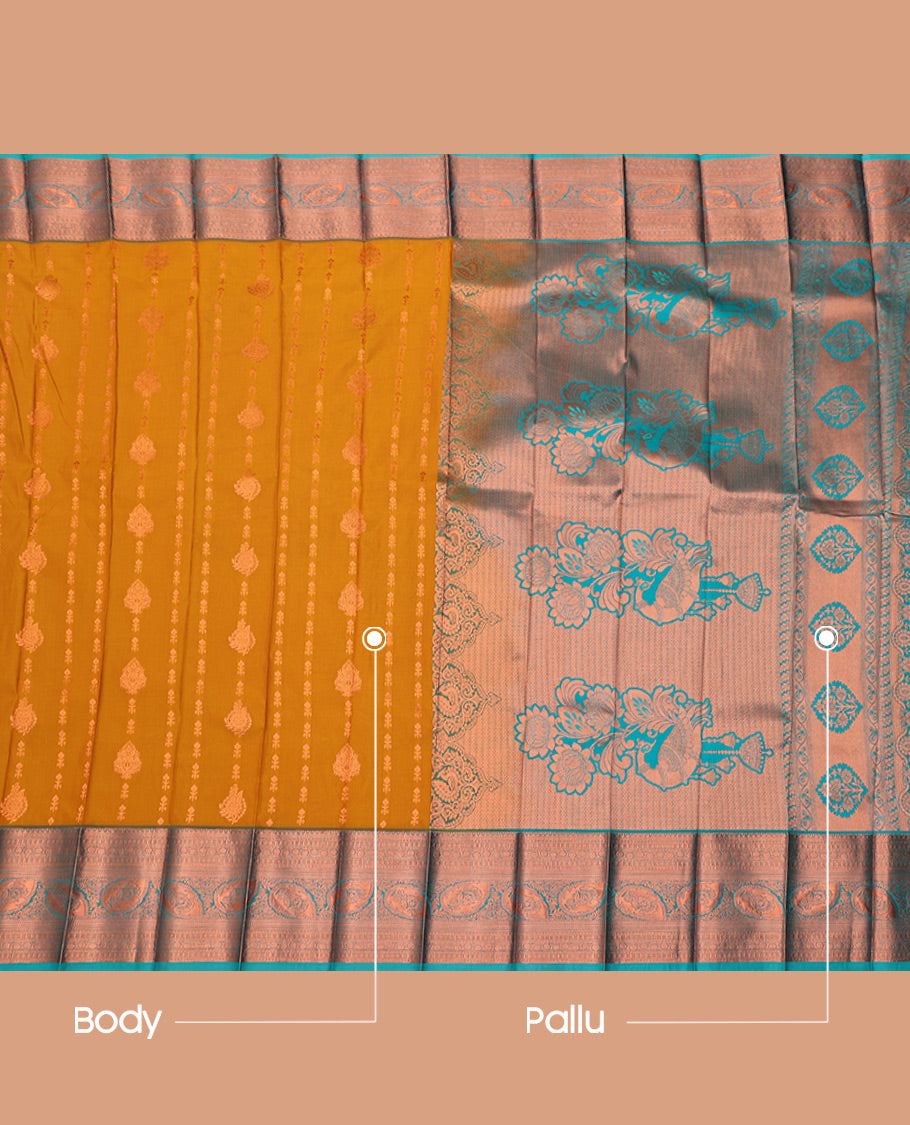Yellow Budget Silk Saree, Gleamed Up with Zari Buttas, Complemented by a Contrast Traditional Zari Border, Grand Pallu, and a Contrast Blouse
