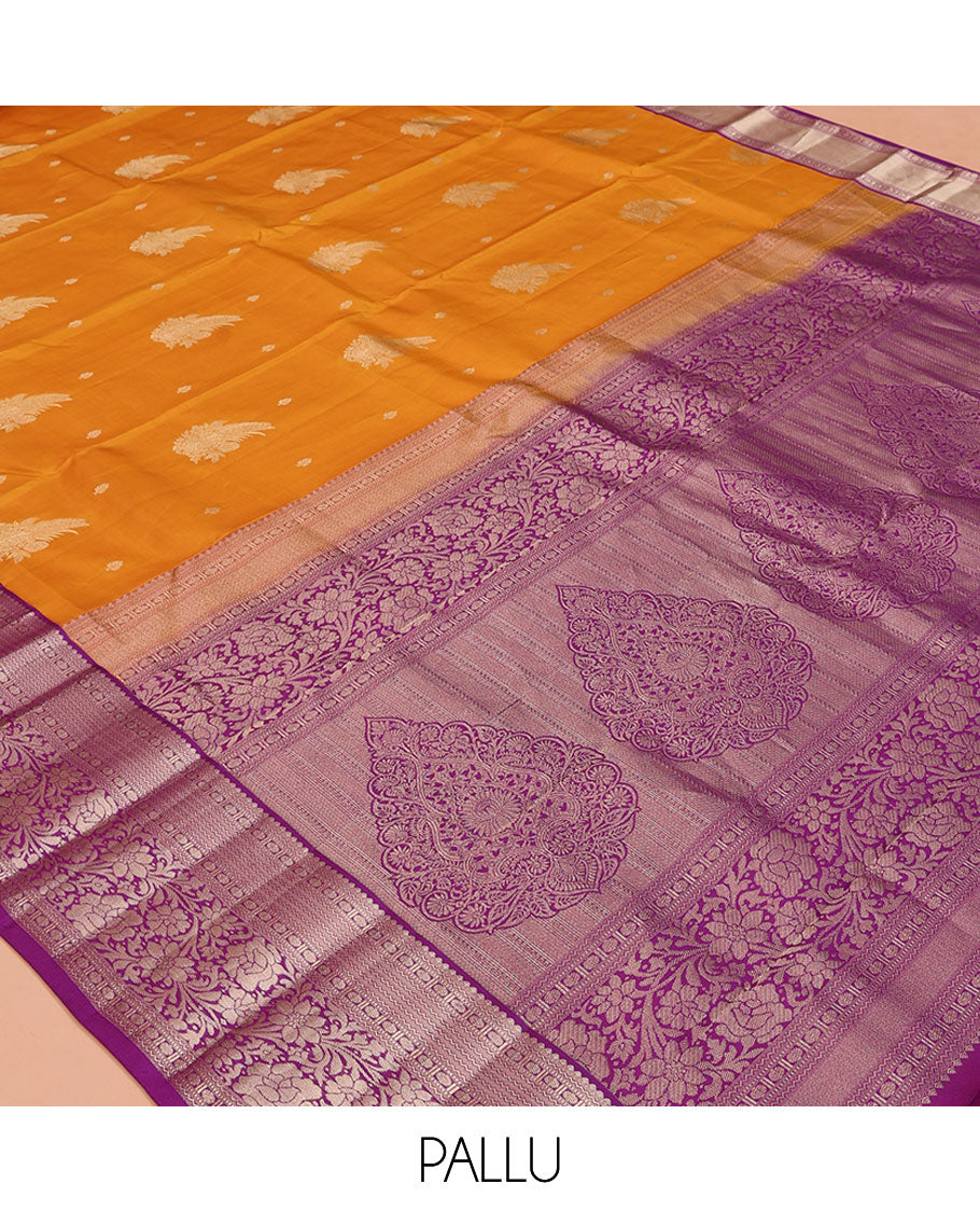 Yellow Vasundhara Silk Saree, Subtly Enriched with Zari Buttas All Over Its Body, Complemented by Contrast Border of Neli, Muthu, Poun, and Kodi Visiry Designs, Grand Pallu, and Paired with a Contrast Blouse